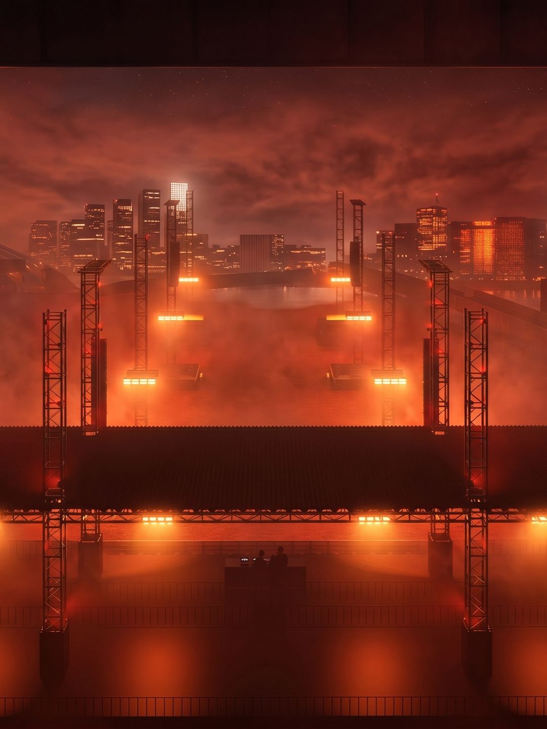 Crowd under red stage lights